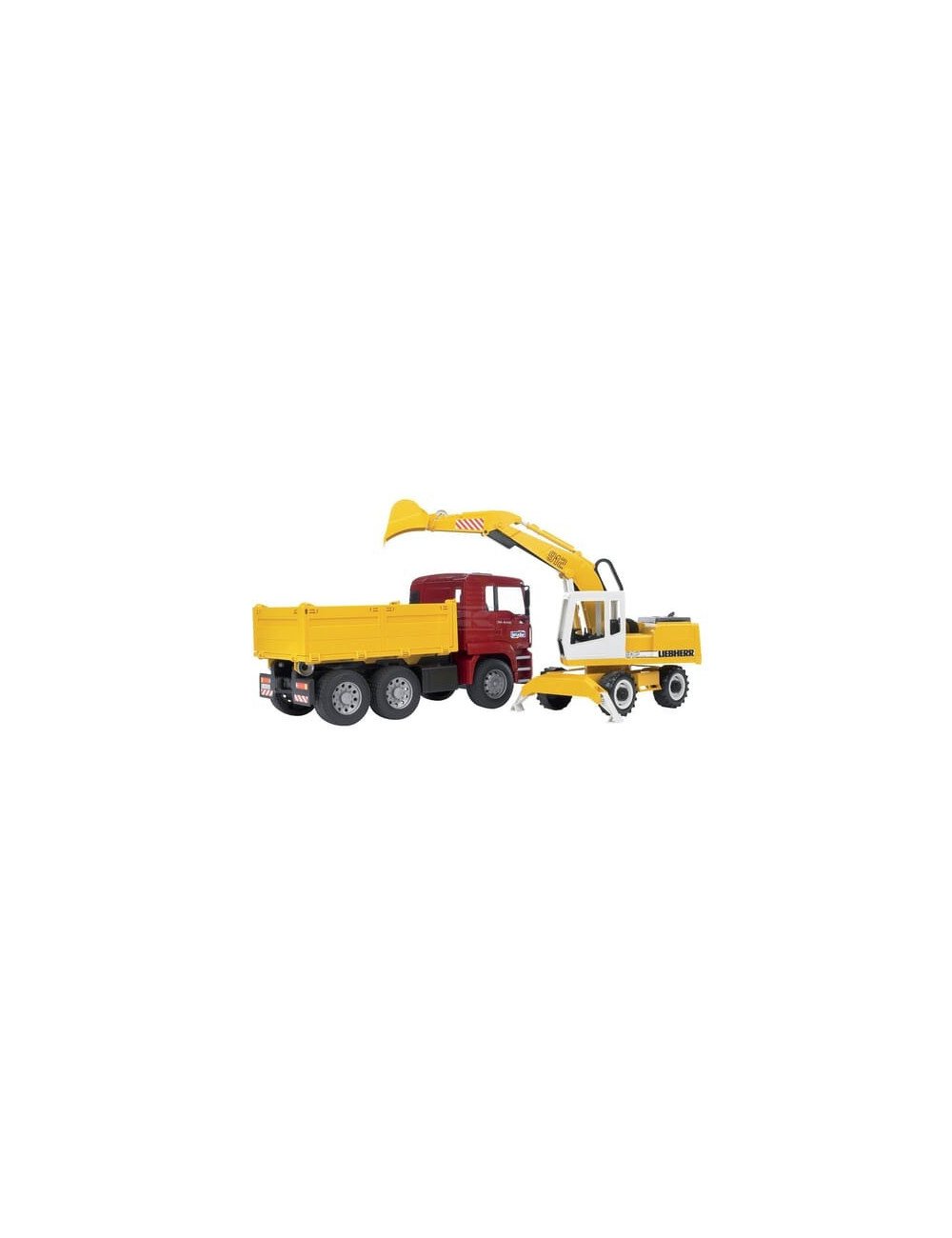 Camion MAN TGA cu benă basculabilă și excavator Liebherr Bruder, scară 1:16