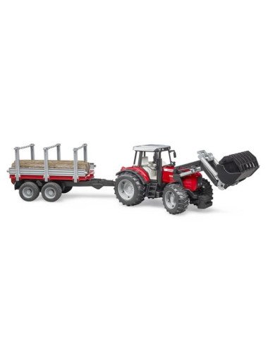 Tractor Massey Ferguson 7480 cu încărcător frontal și remorcă transport lemn Bruder 1:16