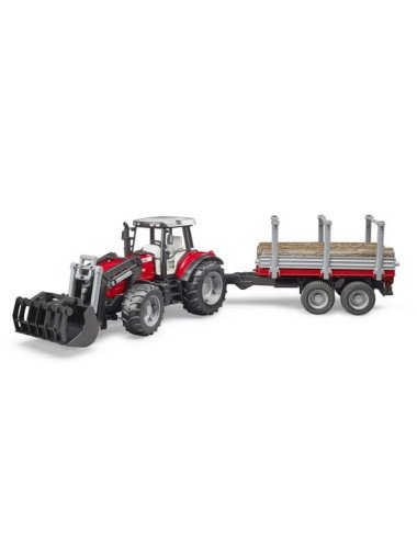 Tractor Massey Ferguson 7480 cu încărcător frontal și remorcă transport lemn Bruder 1:16